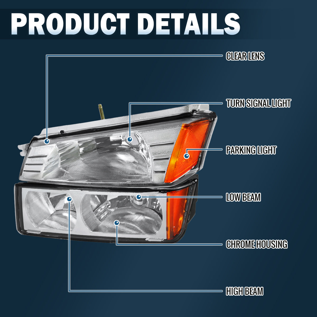 Ronnin - Fits 2002-2006 Chevy Avalanche 1500 2500 Factory Replacement Halogen Headlights + Bumper Lights Assembly Pair | Chrome
