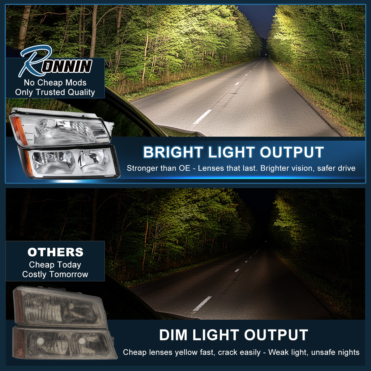Ronnin - Fits 2002-2006 Chevy Avalanche 1500 2500 Factory Replacement Halogen Headlights + Bumper Lights Assembly Pair | Chrome