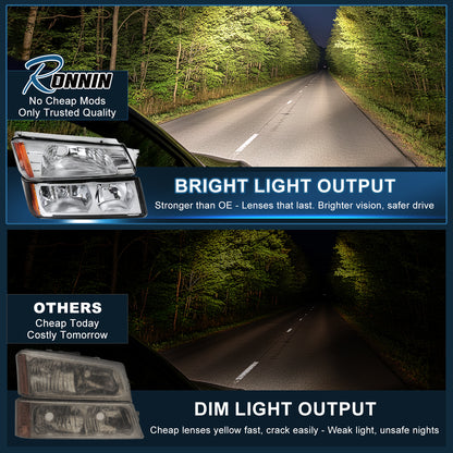 Ronnin - Fits 2002-2006 Chevy Avalanche 1500 2500 Factory Replacement Halogen Headlights + Bumper Lights Assembly Pair | Chrome