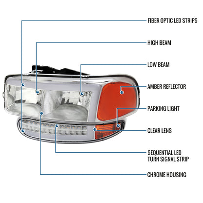 Ronnin - Fits 1999-2007 GMC Sierra Denali 2000-2006 Yukon Denali Upgraded Replacement LED Running Lights Sequential Turn Signals Headlights + Bumper Lights Assembly Pair | Chrome