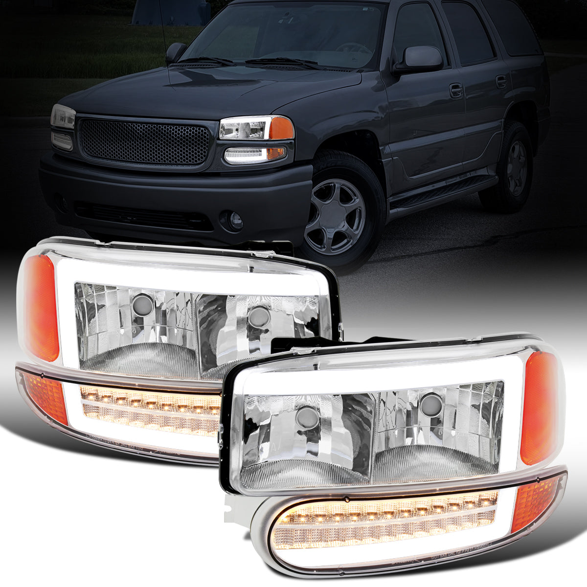 Ronnin - Fits 1999-2007 GMC Sierra Denali 2000-2006 Yukon Denali Upgraded Replacement LED Running Lights Sequential Turn Signals Headlights + Bumper Lights Assembly Pair | Chrome
