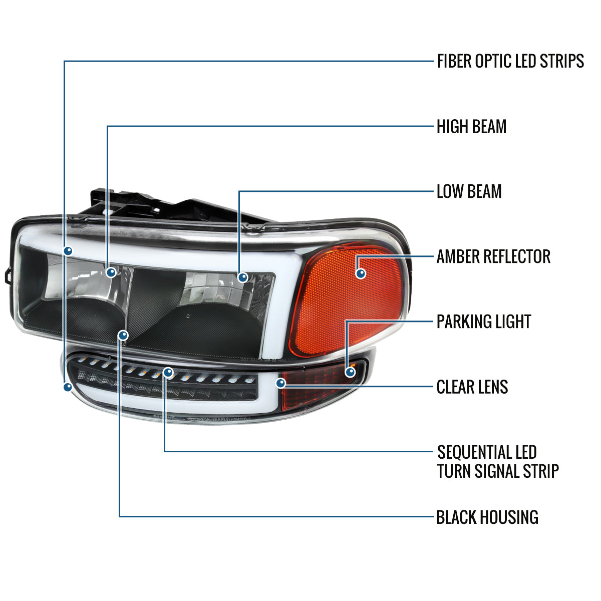 Ronnin - Fits 1999-2007 GMC Sierra Denali 2000-2006 Yukon Denali Upgraded Replacement LED Running Lights Sequential Turn Signals Headlights + Bumper Lights Assembly Pair | Black