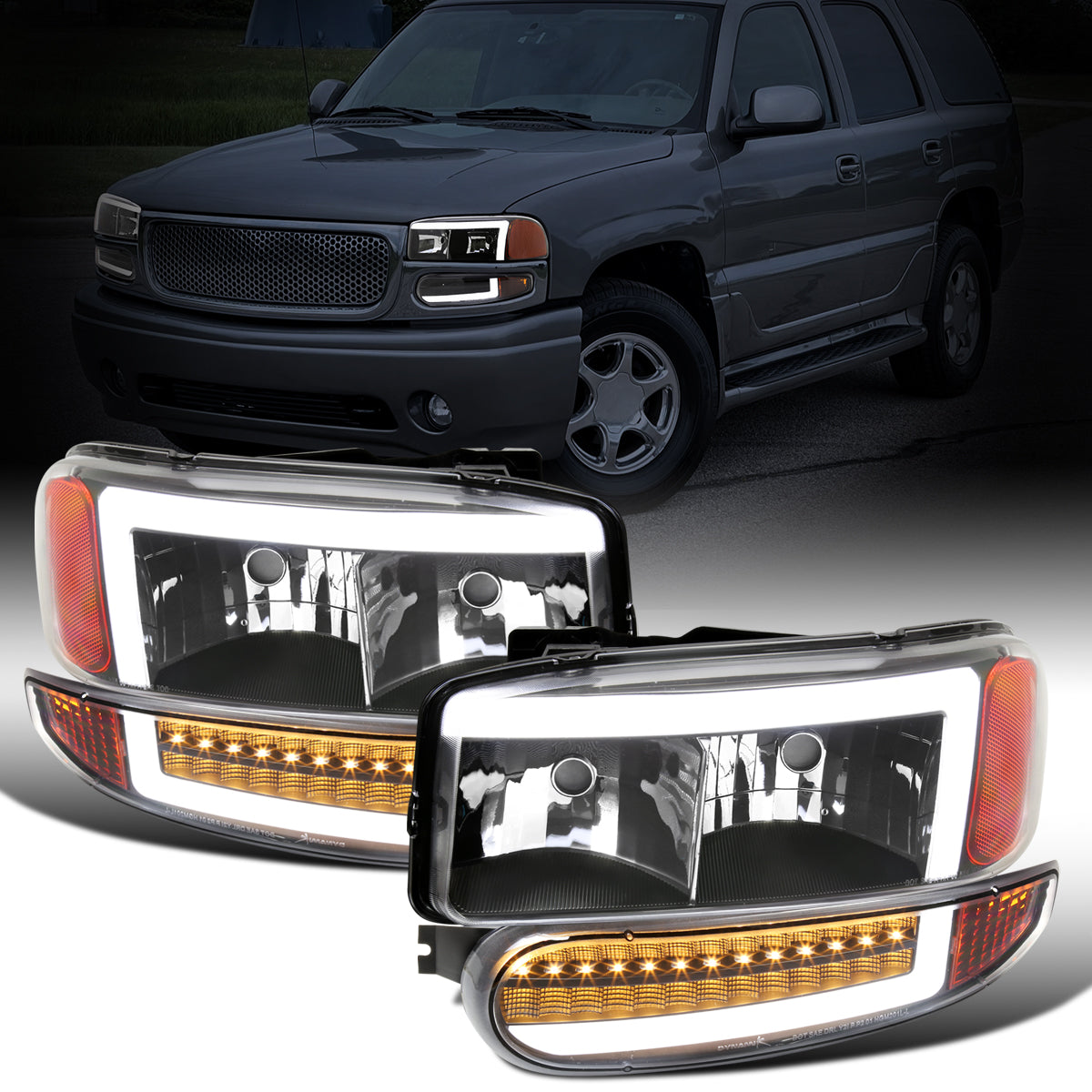 Ronnin - Fits 1999-2007 GMC Sierra Denali 2000-2006 Yukon Denali Upgraded Replacement LED Running Lights Sequential Turn Signals Headlights + Bumper Lights Assembly Pair | Black