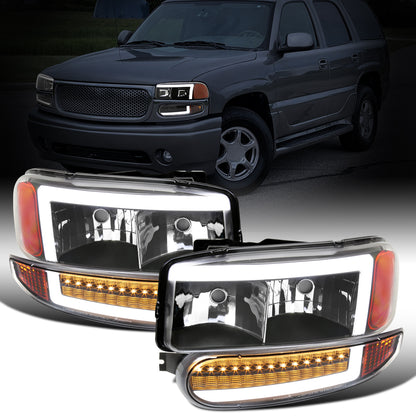 Ronnin - Fits 1999-2007 GMC Sierra Denali 2000-2006 Yukon Denali Upgraded Replacement LED Running Lights Sequential Turn Signals Headlights + Bumper Lights Assembly Pair | Black