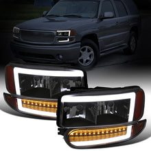 Ronnin - Fits 1999-2007 GMC Sierra Denali 2000-2006 Yukon Denali Upgraded Replacement LED Running Lights Sequential Turn Signals Headlights + Bumper Lights Assembly Pair | Black Smoke