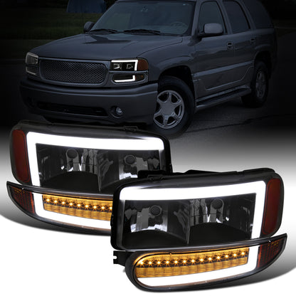 Ronnin - Fits 1999-2007 GMC Sierra Denali 2000-2006 Yukon Denali Upgraded Replacement LED Running Lights Sequential Turn Signals Headlights + Bumper Lights Assembly Pair | Black Smoke