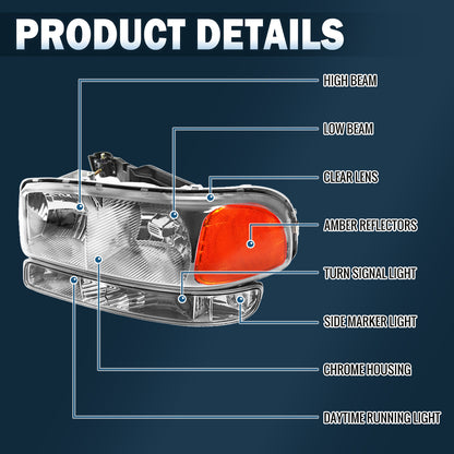 Ronnin - Compatible con GMC Sierra 1999-2007, Yukon 2000-2006, conjunto de faros delanteros y luces de parachoques de repuesto mejorados, par | Cromado