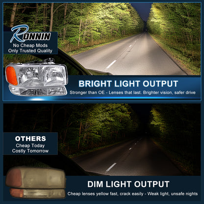 Ronnin - Compatible con GMC Sierra 1999-2007, Yukon 2000-2006, conjunto de faros delanteros y luces de parachoques de repuesto mejorados, par | Cromado