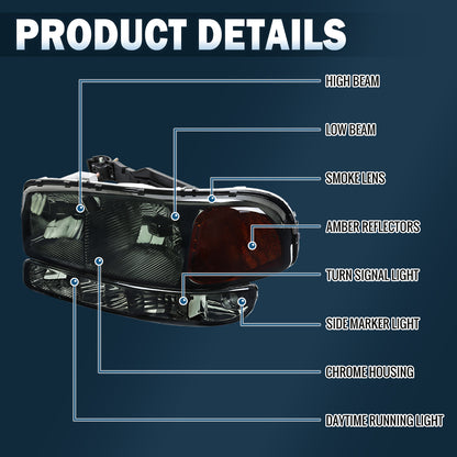 Ronnin - Compatible con GMC Sierra 1999-2007, Yukon 2000-2006, Conjunto de faros delanteros y luces de parachoques de repuesto mejorados (par) | Ahumado
