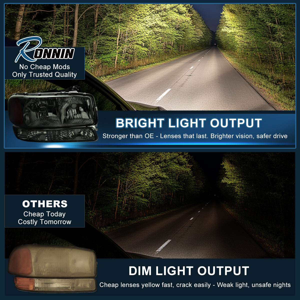 Ronnin - Compatible con GMC Sierra 1999-2007, Yukon 2000-2006, Conjunto de faros delanteros y luces de parachoques de repuesto mejorados (par) | Ahumado