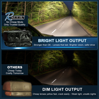 Ronnin - Compatible con GMC Sierra 1999-2007, Yukon 2000-2006, Conjunto de faros delanteros y luces de parachoques de repuesto mejorados (par) | Ahumado
