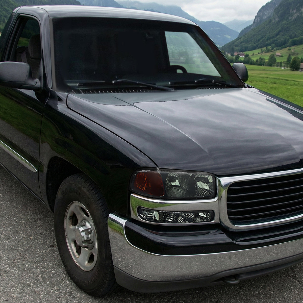 Ronnin - Compatible con GMC Sierra 1999-2007, Yukon 2000-2006, Conjunto de faros delanteros y luces de parachoques de repuesto mejorados (par) | Ahumado