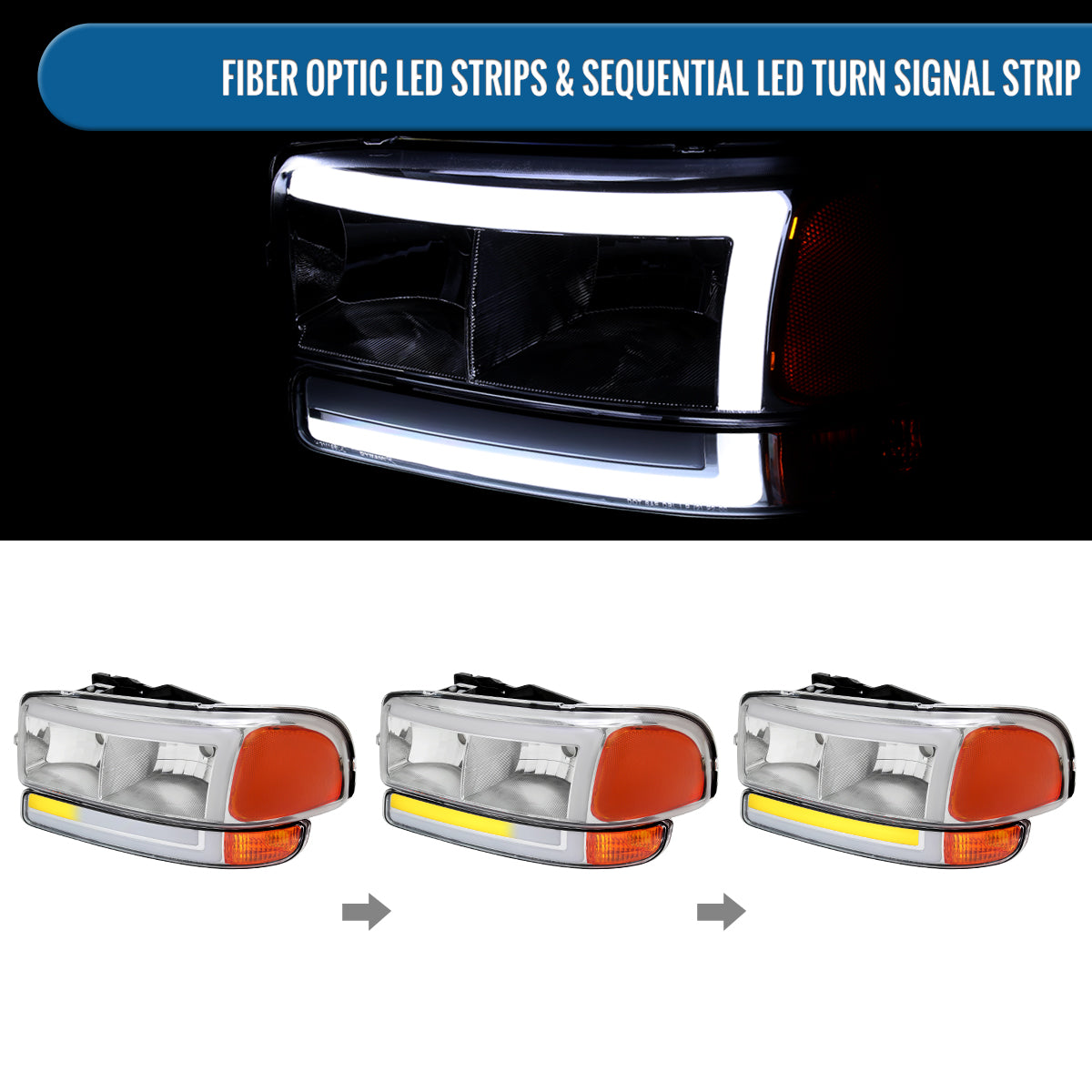 Ronnin - Fits 1999-2007 GMC Sierra 2000-2006 Yukon Upgraded Replacement LED Running Lights Sequential Turn Signals Headlights + Bumper Lights Assembly Pair | Chrome
