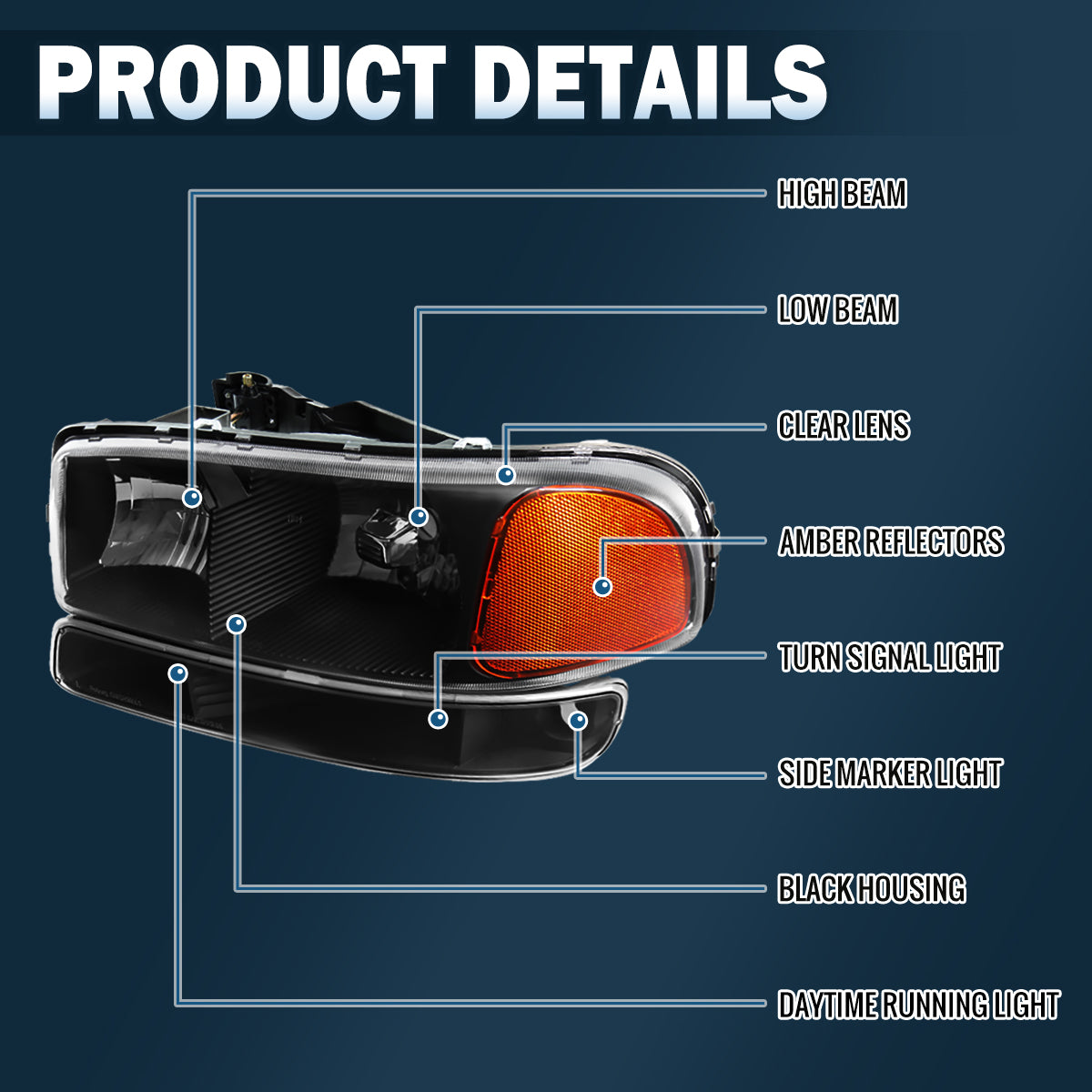 Ronnin - Compatible con GMC Sierra 1999-2007, Yukon 2000-2006. Conjunto de faros delanteros y luces de parachoques de repuesto mejorados (par) | Negro