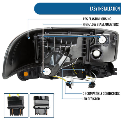 Ronnin - Fits 1999-2007 GMC Sierra 2000-2006 Yukon Upgraded Replacement LED Running Lights Sequential Turn Signals Headlights + Bumper Lights Assembly Pair | Black