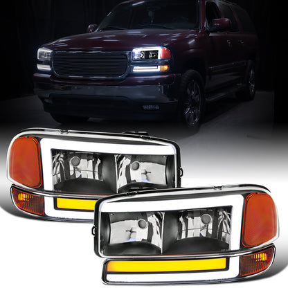 Ronnin - Fits 1999-2007 GMC Sierra 2000-2006 Yukon Upgraded Replacement LED Running Lights Sequential Turn Signals Headlights + Bumper Lights Assembly Pair | Black