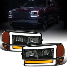 Ronnin - Fits 1999-2007 GMC Sierra 2000-2006 Yukon Upgraded Replacement LED Running Lights Sequential Turn Signals Headlights + Bumper Lights Assembly Pair | Black Smoke