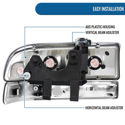 Ronnin - Fits 1998-2004 Chevy Blazer S10 Pickup Factory Replacement Headlights + Bumper Lamps Assembly Pair | Chrome