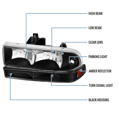 Ronnin - Fits 1998-2004 Chevy Blazer S10 Pickup Factory Replacement Headlights + Bumper Lamps Assembly Pair | Black