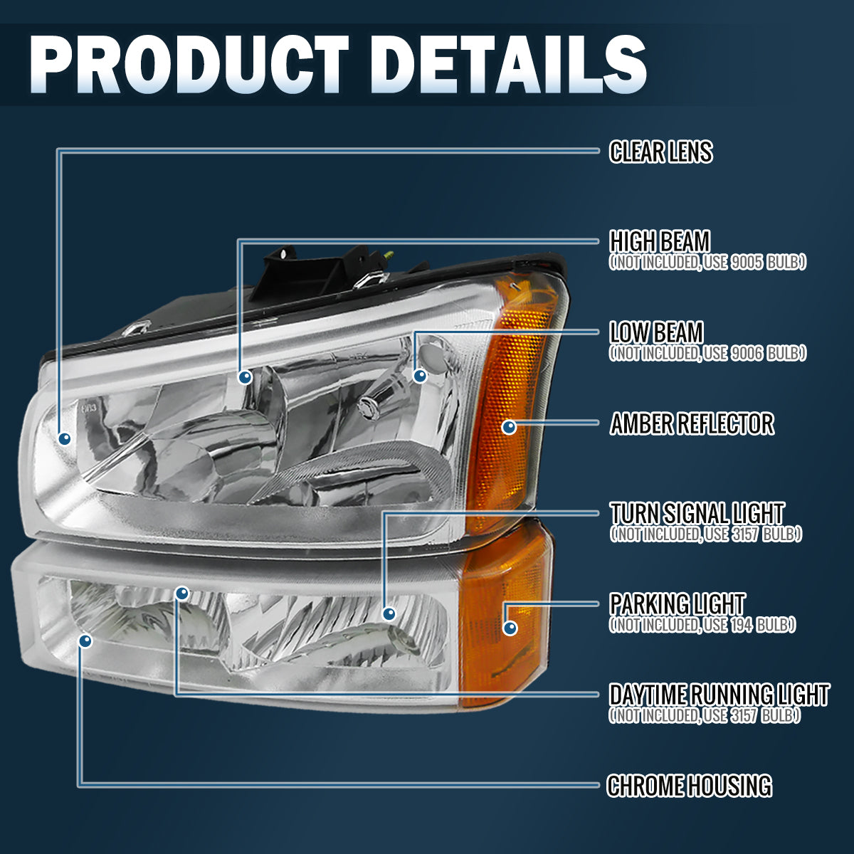 Ronnin - Compatible con Chevy Silverado 1500 2500 3500 Avalanche 2003-2006 Par de conjuntos de faros delanteros y luces de parachoques de repuesto | Cromado