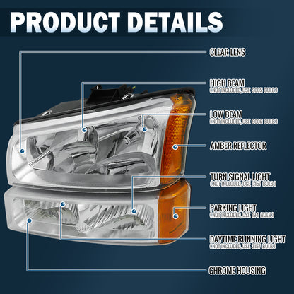 Ronnin - Compatible con Chevy Silverado 1500 2500 3500 Avalanche 2003-2006 Par de conjuntos de faros delanteros y luces de parachoques de repuesto | Cromado