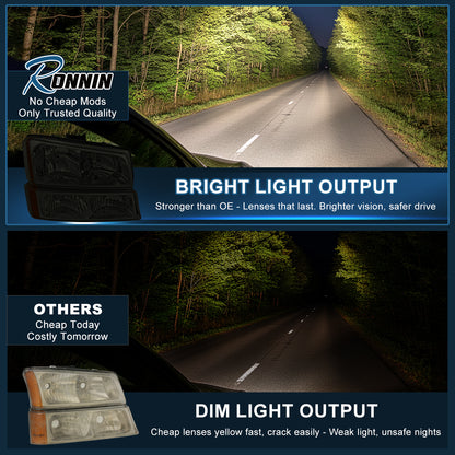 Ronnin - Compatible con Chevy Silverado 1500 2500 3500 Avalanche 2003-2006 Par de conjuntos de faros delanteros + luces de parachoques de repuesto | Ahumado