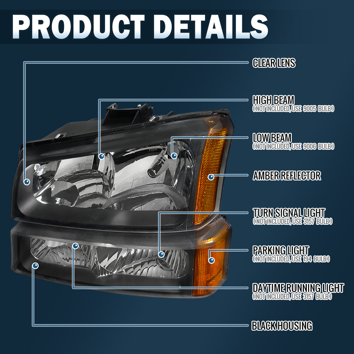 Ronnin - Compatible con Chevy Silverado 1500 2500 3500 Avalanche 2003-2006 Par de conjuntos de faros delanteros y luces de parachoques de repuesto | Negro