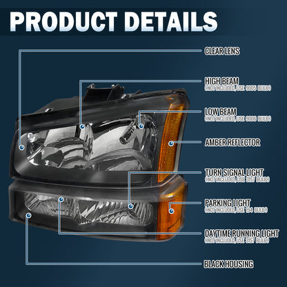 Ronnin - Compatible con Chevy Silverado 1500 2500 3500 Avalanche 2003-2006 Par de conjuntos de faros delanteros y luces de parachoques de repuesto | Negro