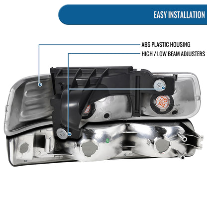 Ronnin - Fits 1999-2002 Silverado 1500 2500 2000-2006 Suburban 1500 2500 Tahoe Headlights + Bumper Parking Signal Lamps Replacement Pair | Chrome