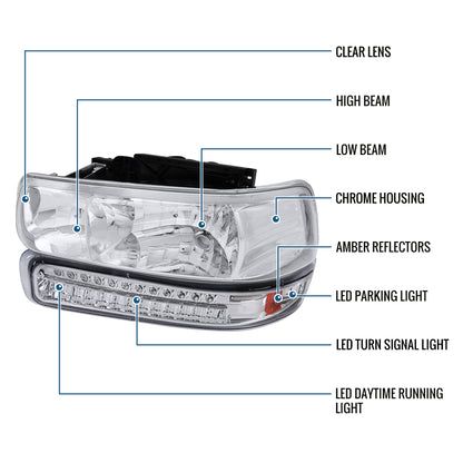1999-2006 Chevy Silverado Suburban 1500 2500 Tahoe Headlights + Upgrade LED Turn Signal DRL Bumper Lights Assembly Pair | Chrome