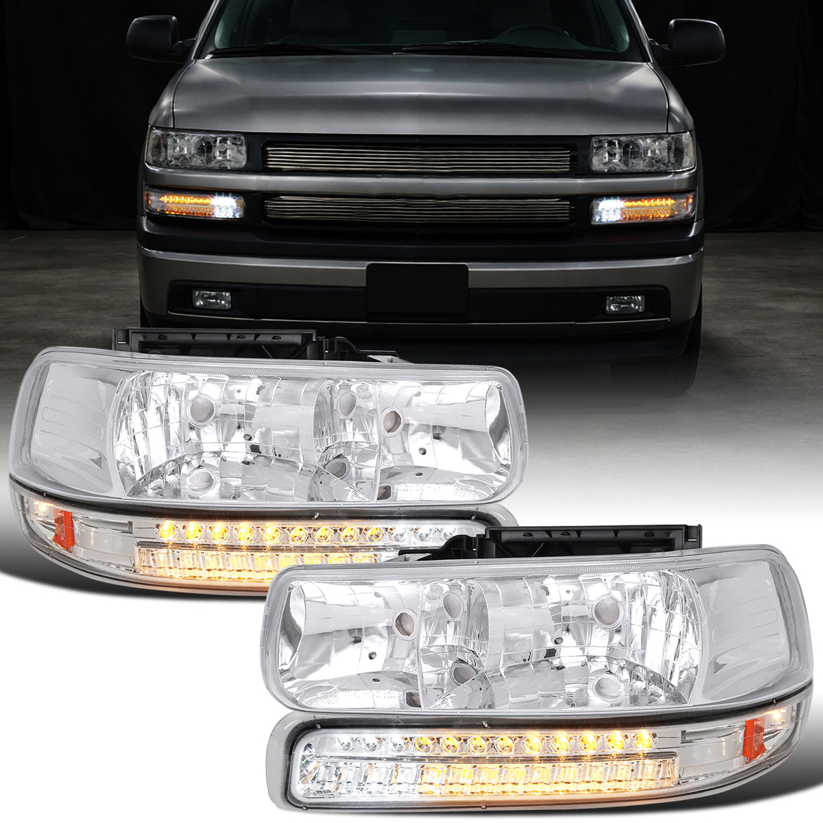 1999-2006 Chevy Silverado Suburban 1500 2500 Tahoe Headlights + Upgrade LED Turn Signal DRL Bumper Lights Assembly Pair | Chrome