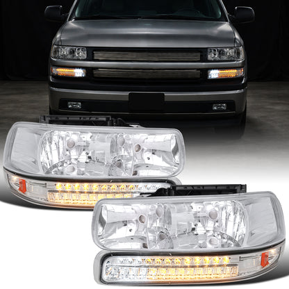 1999-2006 Chevy Silverado Suburban 1500 2500 Tahoe Headlights + Upgrade LED Turn Signal DRL Bumper Lights Assembly Pair | Chrome