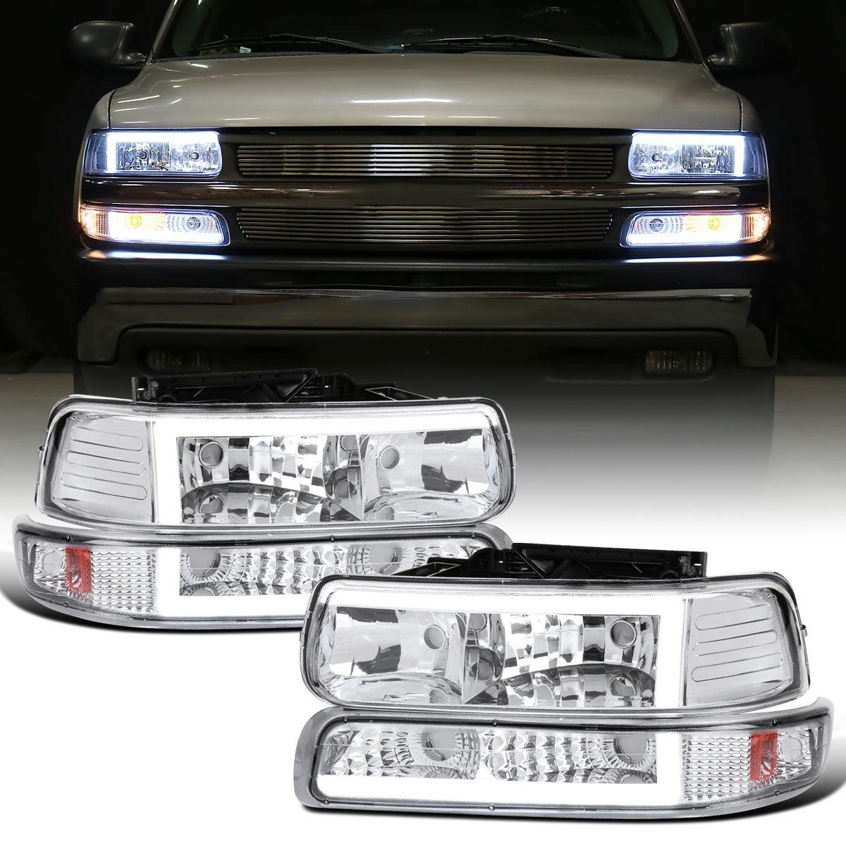Ronnin - Fits 1999-2002 Silverado 2000-2006 Suburban Tahoe LED Tube Headlights + Bumper Parking Signal Lamps Assembly Pair | Chrome