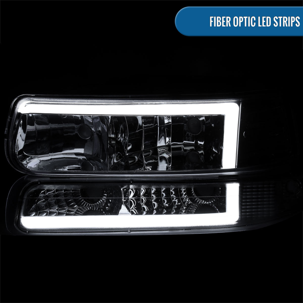 Ronnin - Fits 1999-2002 Silverado 2000-2006 Suburban Tahoe LED Tube Headlights + Bumper Parking Signal Lamps Assembly Pair | Smoke