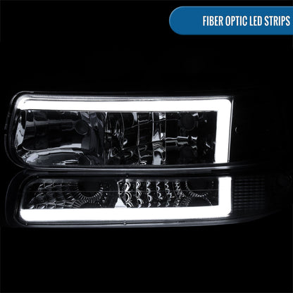 Ronnin - Fits 1999-2002 Silverado 2000-2006 Suburban Tahoe LED Tube Headlights + Bumper Parking Signal Lamps Assembly Pair | Smoke