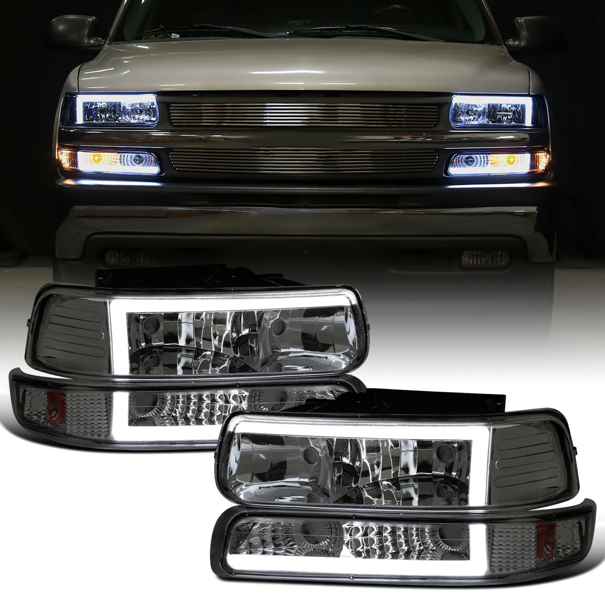 Ronnin - Fits 1999-2002 Silverado 2000-2006 Suburban Tahoe LED Tube Headlights + Bumper Parking Signal Lamps Assembly Pair | Smoke