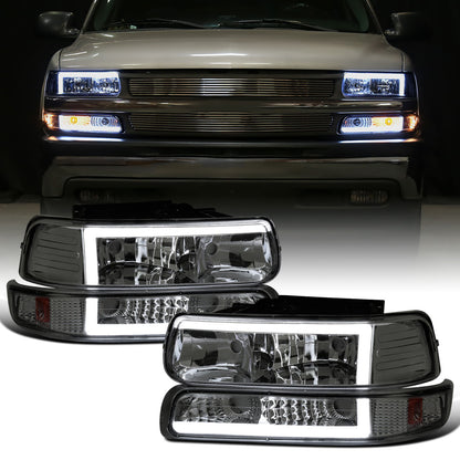 Ronnin - Fits 1999-2002 Silverado 2000-2006 Suburban Tahoe LED Tube Headlights + Bumper Parking Signal Lamps Assembly Pair | Smoke