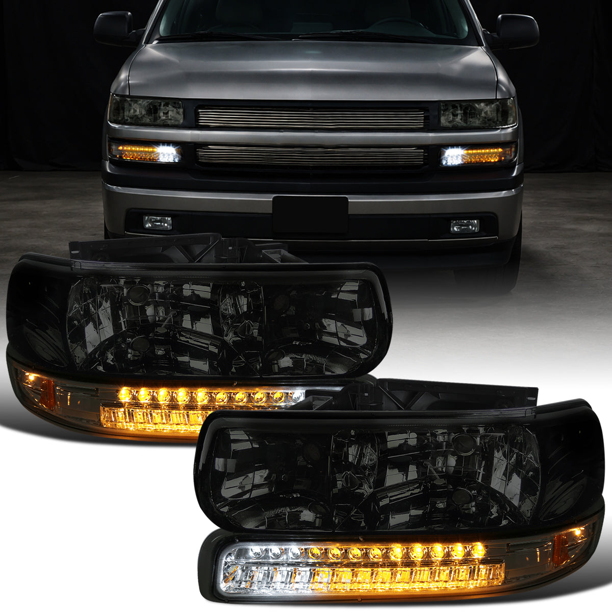 Ronnin - Compatible con Chevy Silverado Suburban 1500 2500 Tahoe 1999-2006 Faros Delanteros + Actualización LED Señal de Giro DRL Conjunto de Luces de Parachoques Par | Ahumado