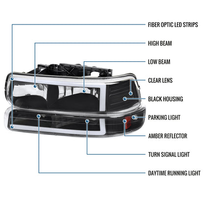 Ronnin - Fits 1999-2002 Silverado 2000-2006 Suburban Tahoe LED Tube Headlights + Bumper Parking Signal Lamps Assembly Pair | Black