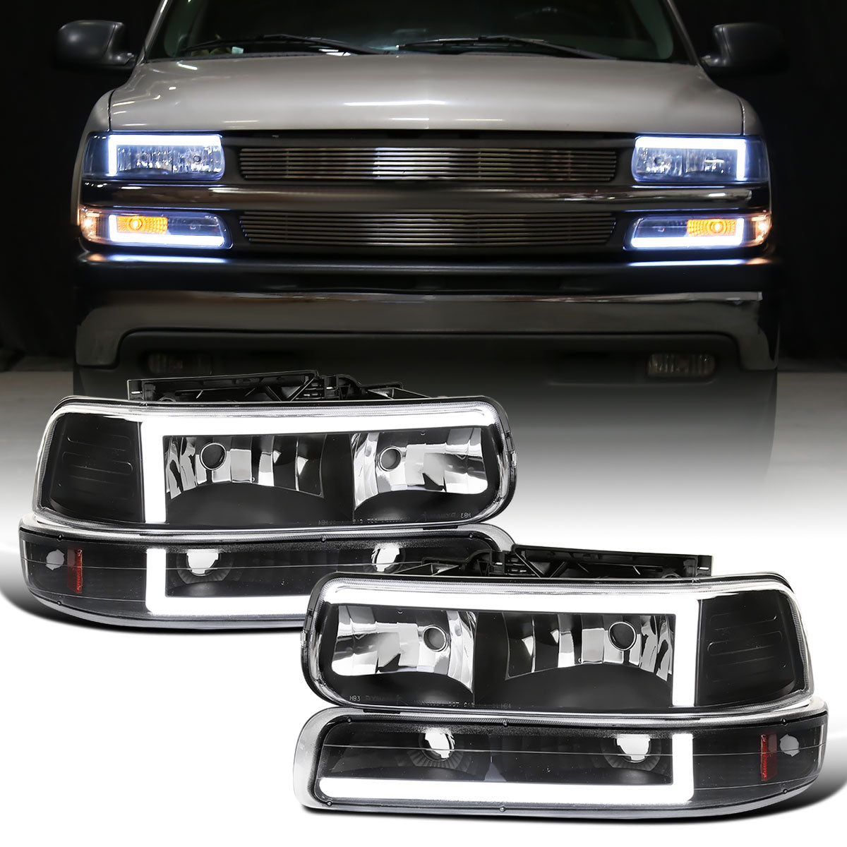 Ronnin - Fits 1999-2002 Silverado 2000-2006 Suburban Tahoe LED Tube Headlights + Bumper Parking Signal Lamps Assembly Pair | Black