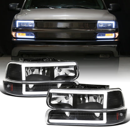 Ronnin - Fits 1999-2002 Silverado 2000-2006 Suburban Tahoe LED Tube Headlights + Bumper Parking Signal Lamps Assembly Pair | Black