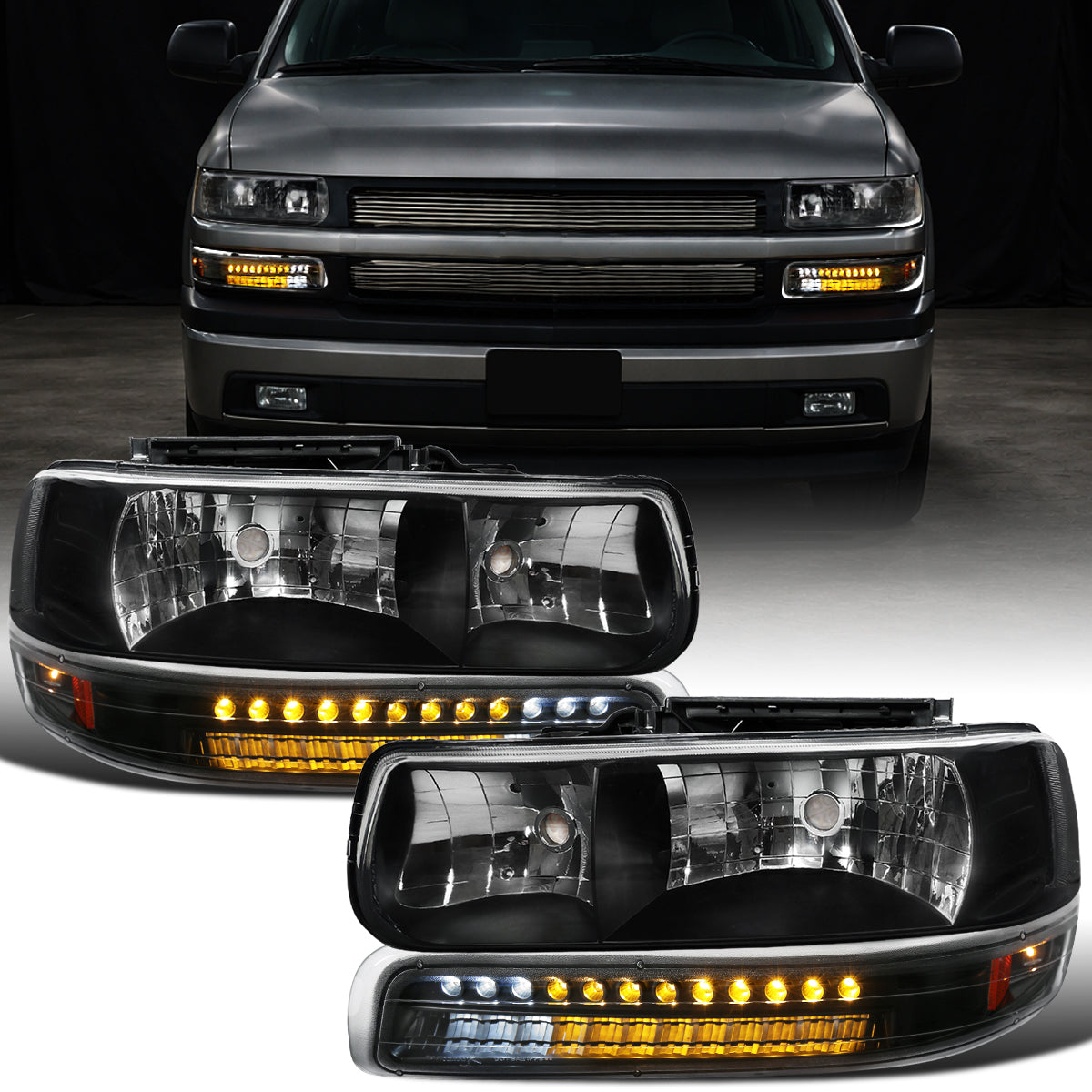Ronnin - Se adapta a Chevy Silverado Suburban 1500 2500 Tahoe 1999-2006, faros delanteros + luces LED de intermitencia y DRL para parachoques, par de montaje | Negro
