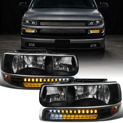 Ronnin - Se adapta a Chevy Silverado Suburban 1500 2500 Tahoe 1999-2006, faros delanteros + luces LED de intermitencia y DRL para parachoques, par de montaje | Negro
