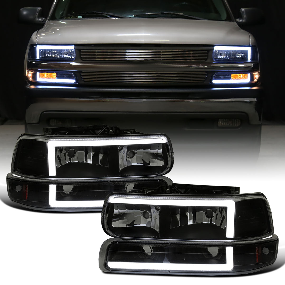 Ronnin - Fits 1999-2002 Silverado 2000-2006 Suburban Tahoe LED Tube Headlights + Bumper Parking Signal Lamps Assembly Pair | Black Smoke