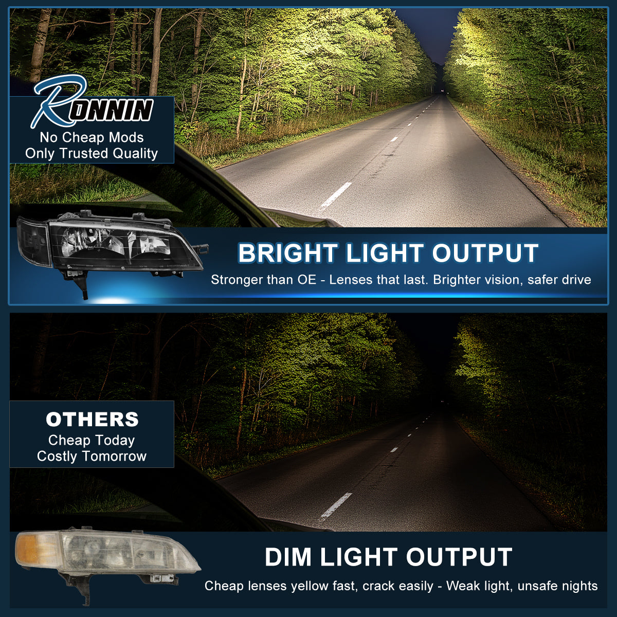 Ronnin - Faros delanteros de repuesto para Honda Accord 1994-1997 + Conjunto de luces direccionales de esquina transparentes (Par) | Negro