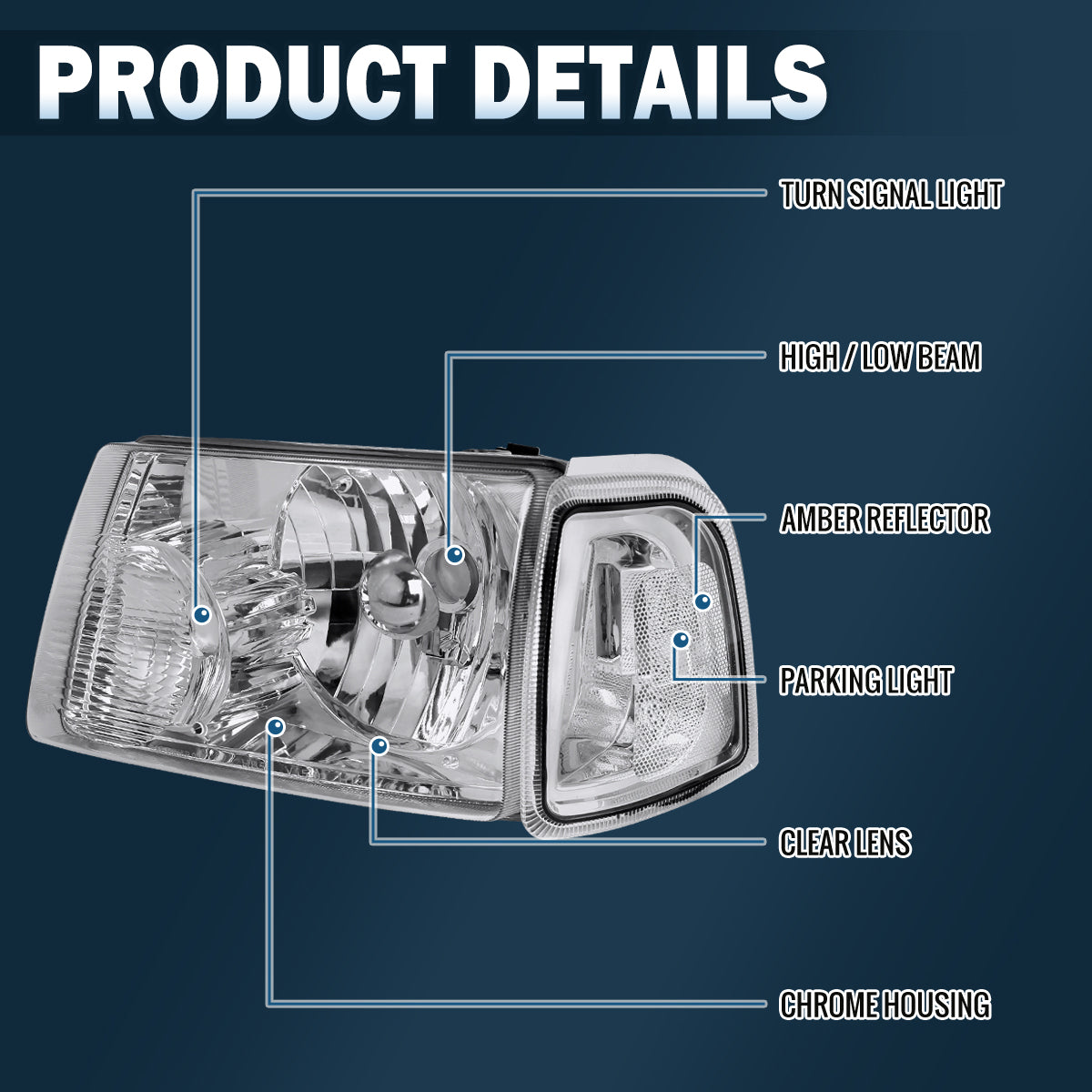 Ronnin - Compatible con Ford Ranger 2001-2011 Faros delanteros de repuesto + Conjunto de luces de señal de giro con esquinas transparentes (par) | Cromado