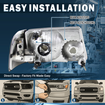 Ronnin - Compatible con Ford Ranger 2001-2011 Faros delanteros de repuesto + Conjunto de luces de señal de giro con esquinas transparentes (par) | Cromado