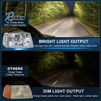 Ronnin - Compatible con Ford Ranger 2001-2011 Faros delanteros de repuesto + Conjunto de luces de señal de giro con esquinas transparentes (par) | Cromado