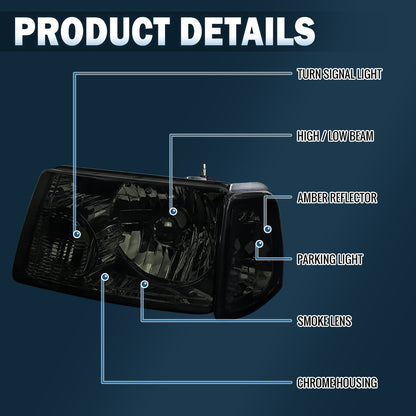 Ronnin - Compatible con Ford Ranger 2001-2011  Juego de montaje de faros delanteros de repuesto + intermitentes de esquina transparentes | Ahumado