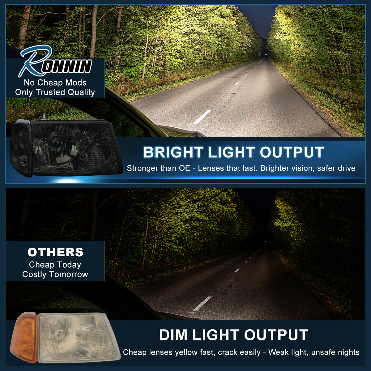 Ronnin - Compatible con Ford Ranger 2001-2011  Juego de montaje de faros delanteros de repuesto + intermitentes de esquina transparentes | Ahumado